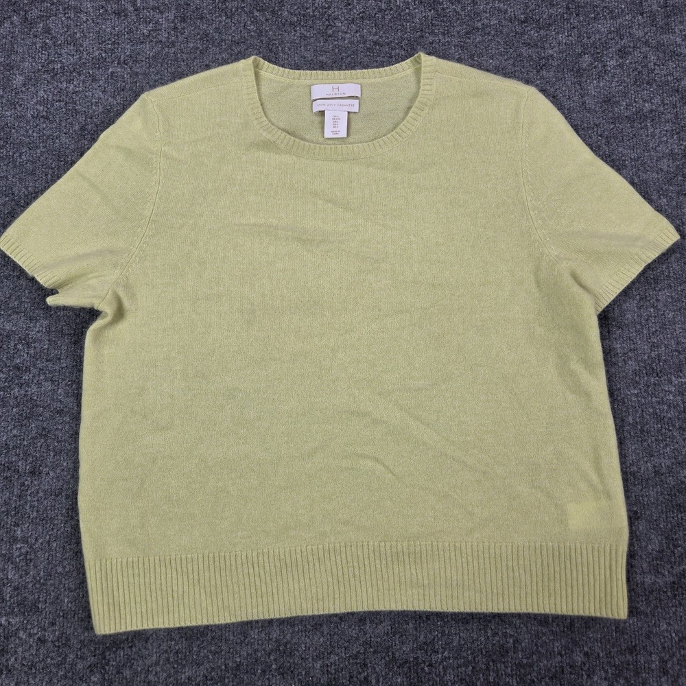 H Halston 100% 2-Ply Cashmere Lemon Lime Short Sleeve Sweater Crew Neck Large